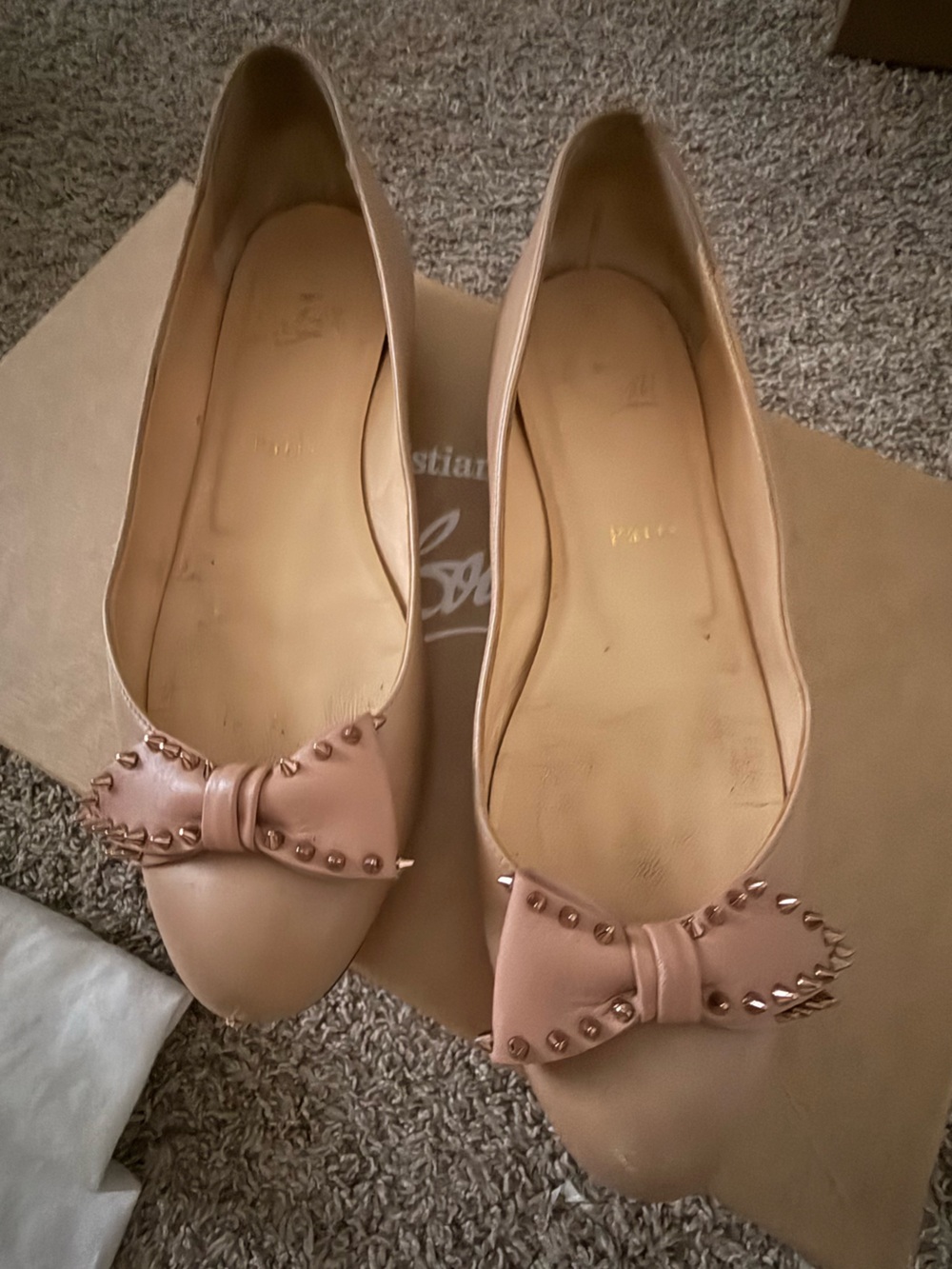 Christian Louboutin Studded Bow Ballet Flats in Nude  37.5